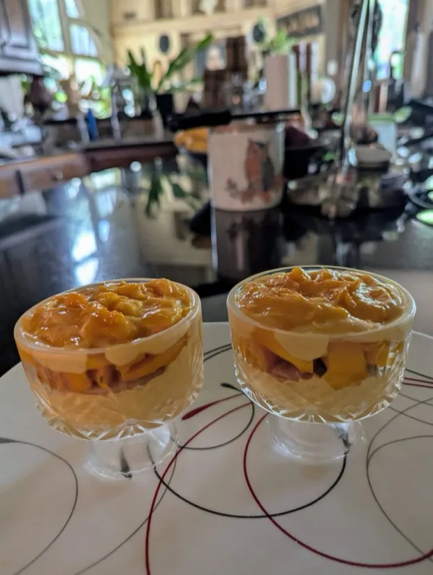 Two crystal cups layered with fresh mango and cream